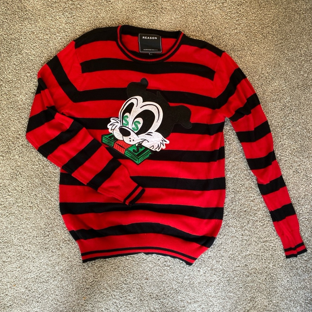 The Reason Dynasty Stripe Knit Sweater in Red and Black L Money Mickey